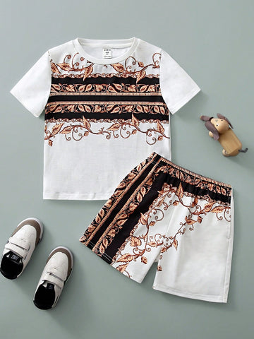 Young Boys' Cute Baroque Print T-Shirt And Shorts Set With Round Neck
