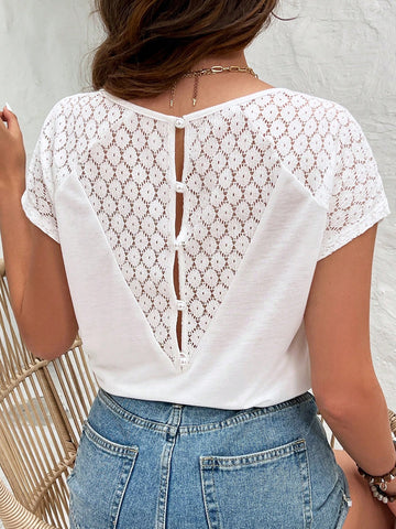 Summer V-Neck Patchwork Lace Batwing Short Sleeve T-Shirt, White Essential, Summer Outfit, Wedding Season Essential, Cottagecore