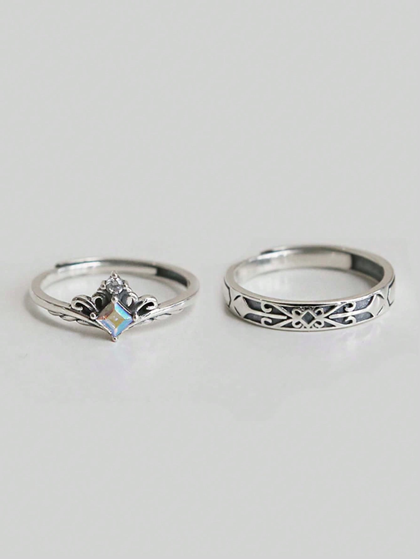 2pcs/set Men Cubic Zirconia Decor Textured Silver Wedding Band For Women Bridal Wedding Fine Jewelry