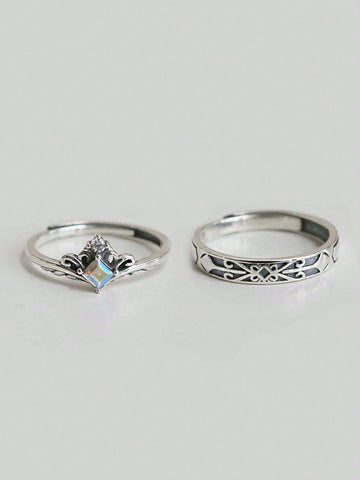 2pcs/set Men Cubic Zirconia Decor Textured Silver Wedding Band For Women Bridal Wedding Fine Jewelry