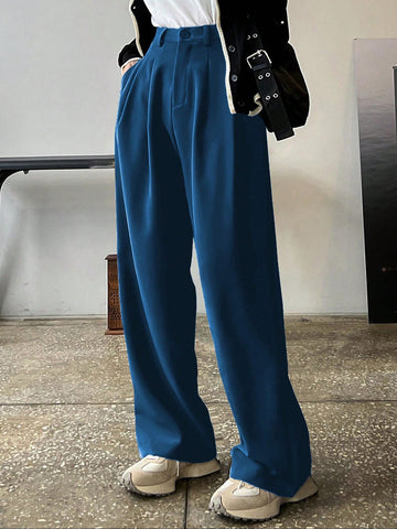 Plus Size Solid Colored Suit Trousers With Slanted Pockets