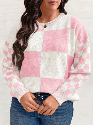 Plus Size Round Neck Long Sleeve Checkerboard Sweater