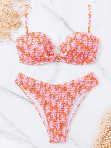 Summer Beach Floral Print Smocked Bikini Swimsuit