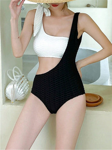 Two Tone Cut Out One Shoulder One Piece Swimsuit