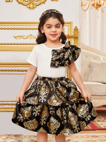 Young Girls' Matching Elegant Round Neck Ruffled T-Shirt And Skirt Set For Holiday