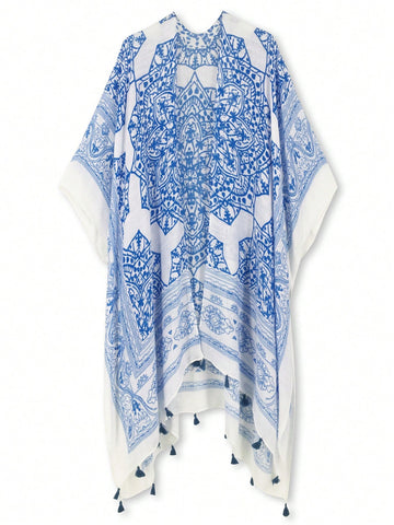 Allover Print Tassel Detail Asymmetrical Hem Kimono