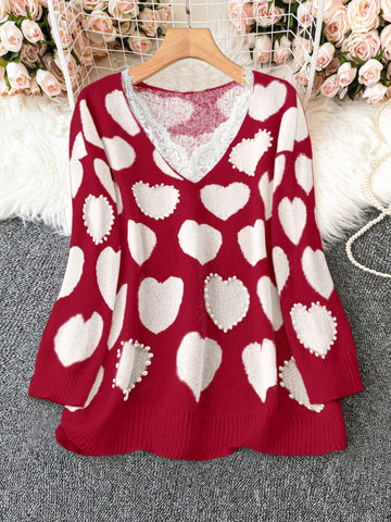Lace Patchwork Heart Pattern Plus Size Sweater For Women, Pullover