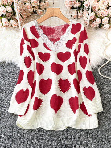 Plus Size Women's Lace Patchwork Love Heart Pattern Pullover Sweater