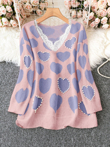 Plus Size Women's Lace Spliced Love Heart Pattern Sweater Pullover