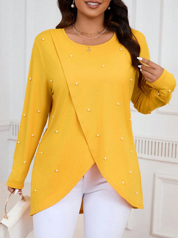 Plus Size Beaded Detail Wrap-Front Long Sleeve T-Shirt